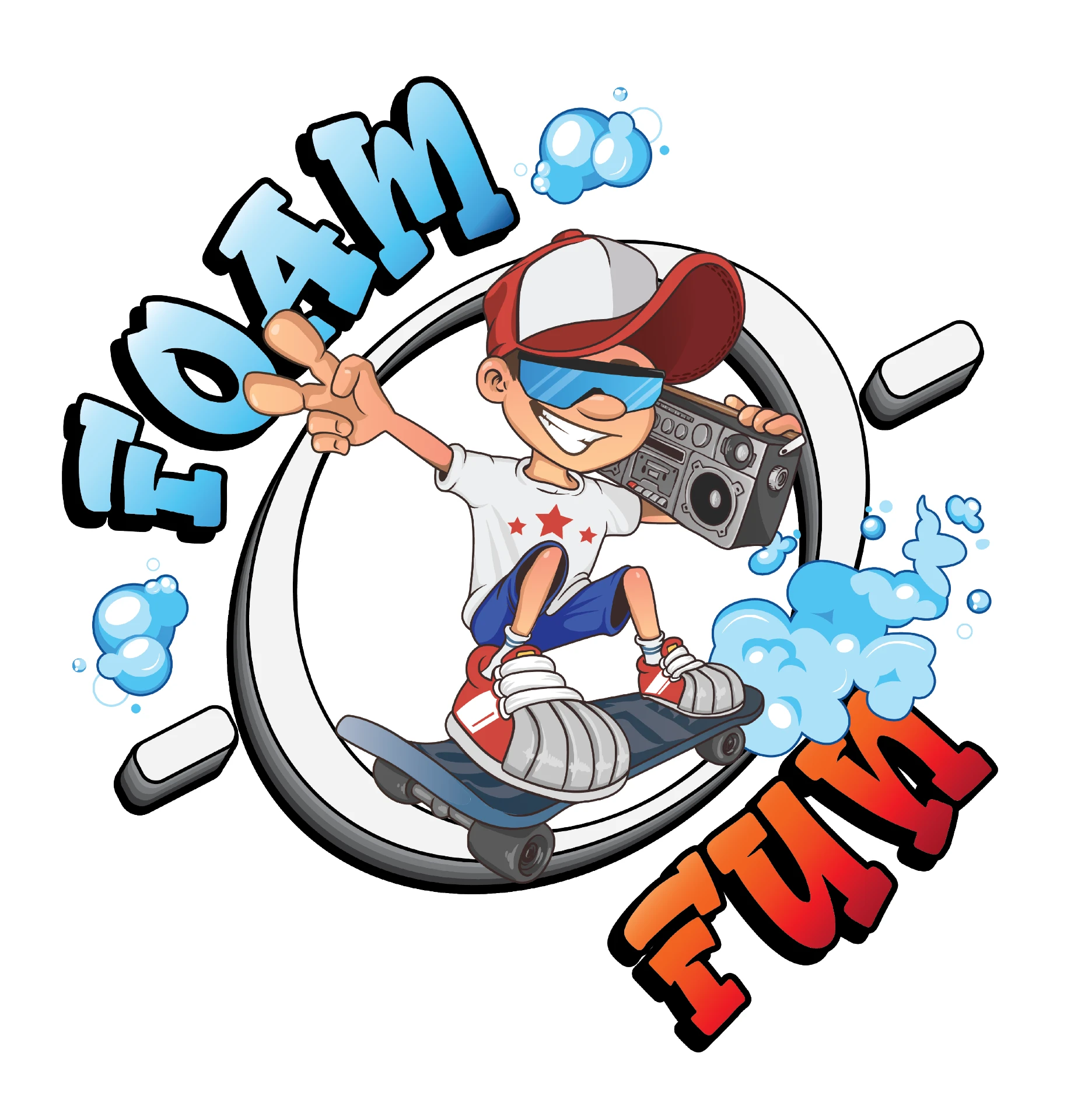 Foam-O-Fun logo with a cartoon kid on a skateboard riding out of a bubble