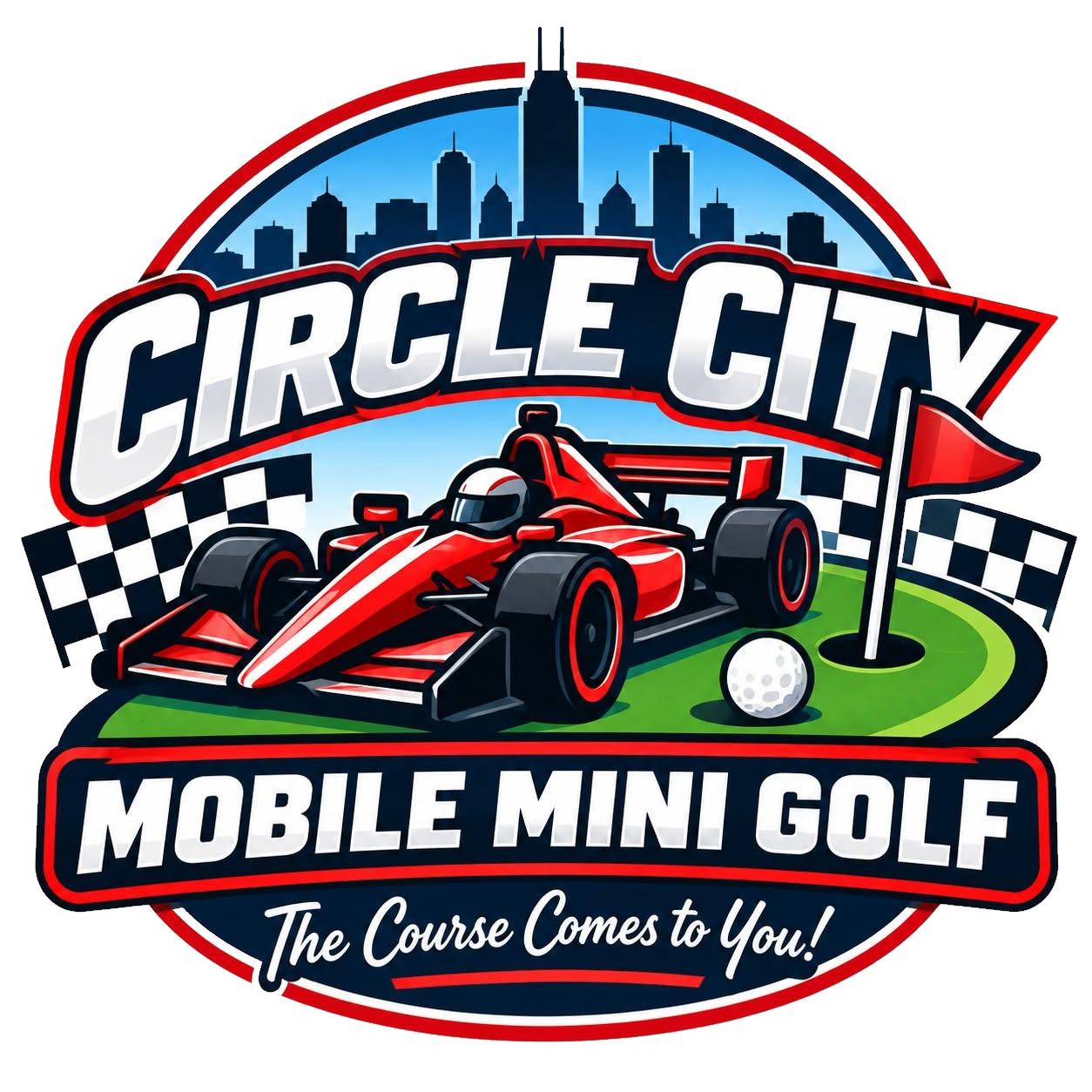 Circle City Mobile Mini Golf logo with a red race car, checkered flags, and a putting green