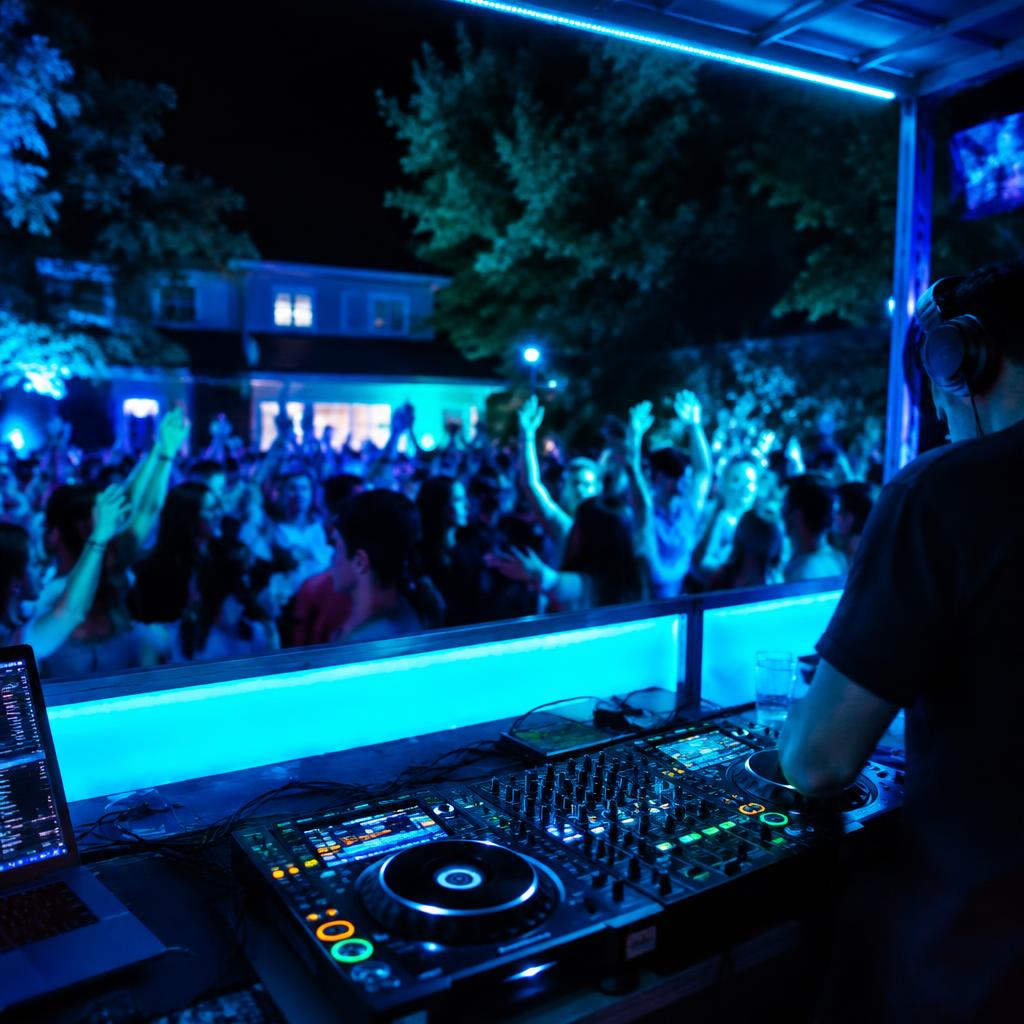 A mobile DJ booth glowing under blue neon lights