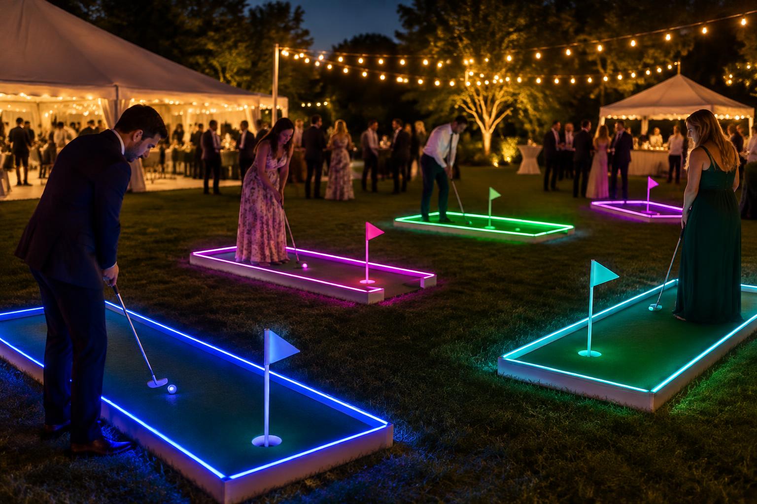 A portable mini golf course with glowing LED lanes lit up at night