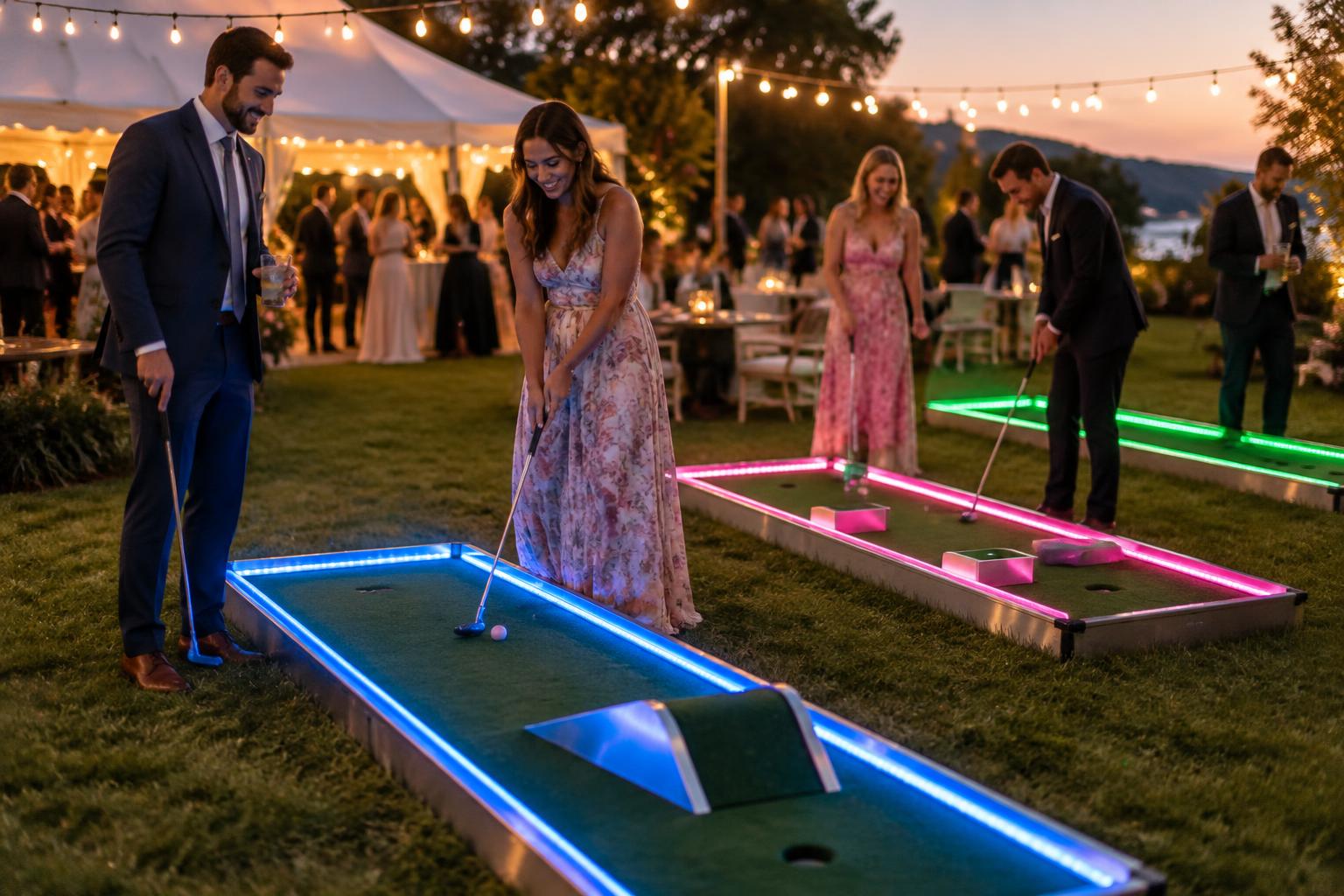 Wedding guests playing on LED-lit mini golf lanes under string lights