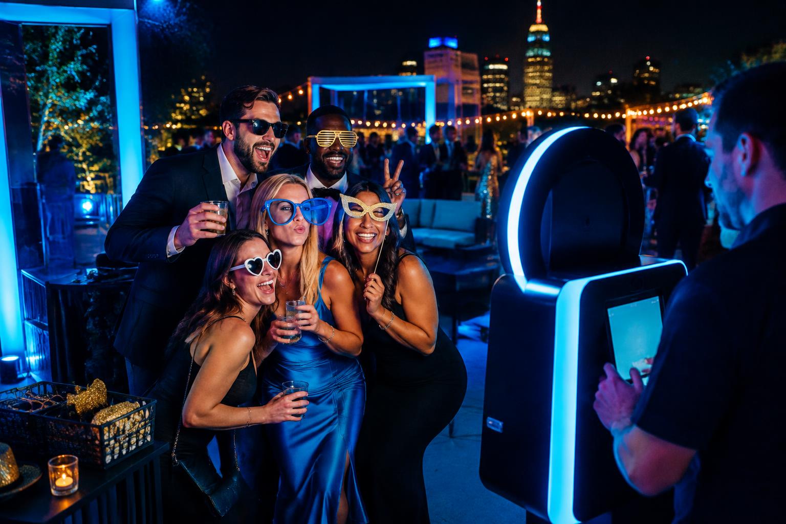 Party guests posing together at an illuminated photo booth